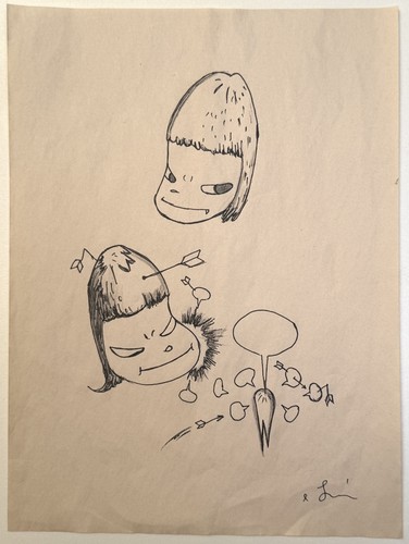 Yoshitomo Nara Drawing on old paper (Handmade) signed and stamped artwork