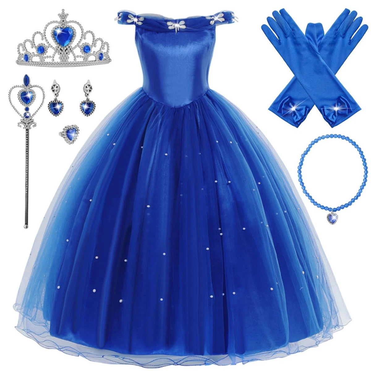 Costume Da Principessa Per Bambine - Blu Con Pizzo Oro E Paillettes, Set Completo Con Top, Pantaloni, Accessorio Capelli E Orecchini