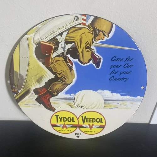VINTAGE SOLDIER TYDOL VEEDOL MOTOR GASOLINE OIL PORCELAIN SIGN