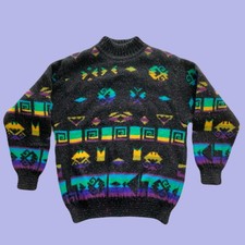 80s Geometric Sweater Colorful Pattern Women  s Small 100 Wool Vintage
