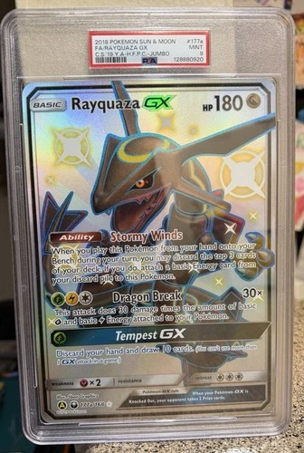 2018 POKEMON SUN & MOON CELESTIAL STORM #177A FULL ART/ RAYQUAZA GX PSA 9 Jumbo