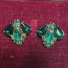 Green Marquise Rhinestone Clip-On Earrings Gold Tone Metal Pair — photo 1