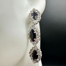 VTG Black Rhinestone Triple Drop Statement Earrings Women Silver Tone Jewelry
