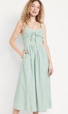 New Old Navy Size Medium Seersucker Dress Midi Green Striped Sleeveless Smocked
