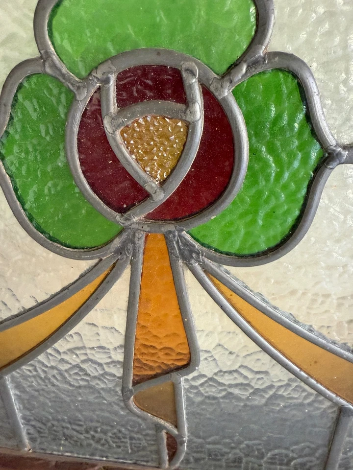 Vintage Stained Glass Window Pair • Arts & Crafts Victorian Style • Wood Framed - Image 2 of 4