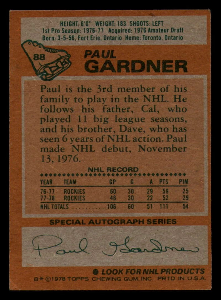1978-79 Topps #88 Paul Gardner Colorado Rockies Hockey Card NM-MT ID:25637 - Image 2 of 2