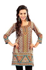 Brown 3/4 sleeve Indian Printed Kurti Tunic Women Kurta