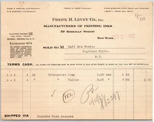 1921 NY, NY Letterhead Frederick H. Levey Co. Printing Inks Beekman Street