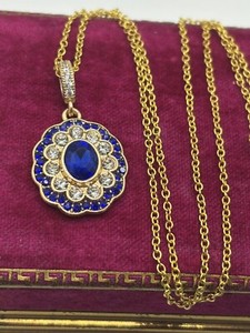 Authentic Gold Plated Lab Sapphire CZ Cubic Zirconia Solitaire Round Pendant Necklace 18”