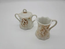 Lefton Bisque Porcelain Petite Creamer & Sugar Bowl W/Embossed Cherubs 215 Vntg