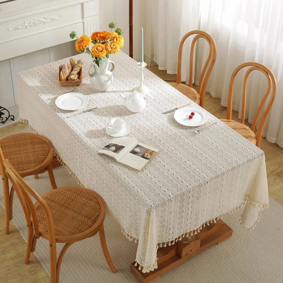 Enova Home High Quality Washable Wrinkle Free Lace Tablecloth with Tassel - Image 3 of 4