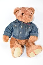 FAO SCHWARZ BROWN BEAR PLUSH 15" WITH AMERICAN FLAG JEAN JACKET