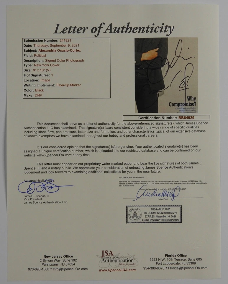 Foto firmada con autógrafo Alexandria Ocasio-Cortez AOC JSA certificado de autenticidad 8 x 10 foto Foto 3 de 3