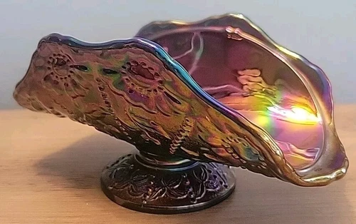 Vintage Fenton Amethyst Carnival Glass Beaded Flower Banana Boat Napkin Holder