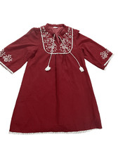 On the Couch Wine red micro polka dot boho embroidered dress sz Med boho peasant