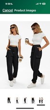 Small Black Women Cargo Sweatpants, Casual Baggy Loose Joggers Pants w/ Pocket