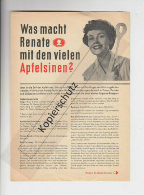 Dr. Oetker Rezeptblatt Was macht Renate mit den vielen Apfelsinen ? Rezepte 1960