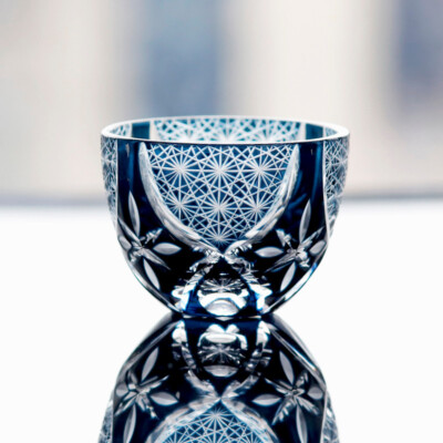 Ink Blue Small Sake Cup Edo Kirik Hand Cut Flame Shot Glasses 1.5oz Gift Packing