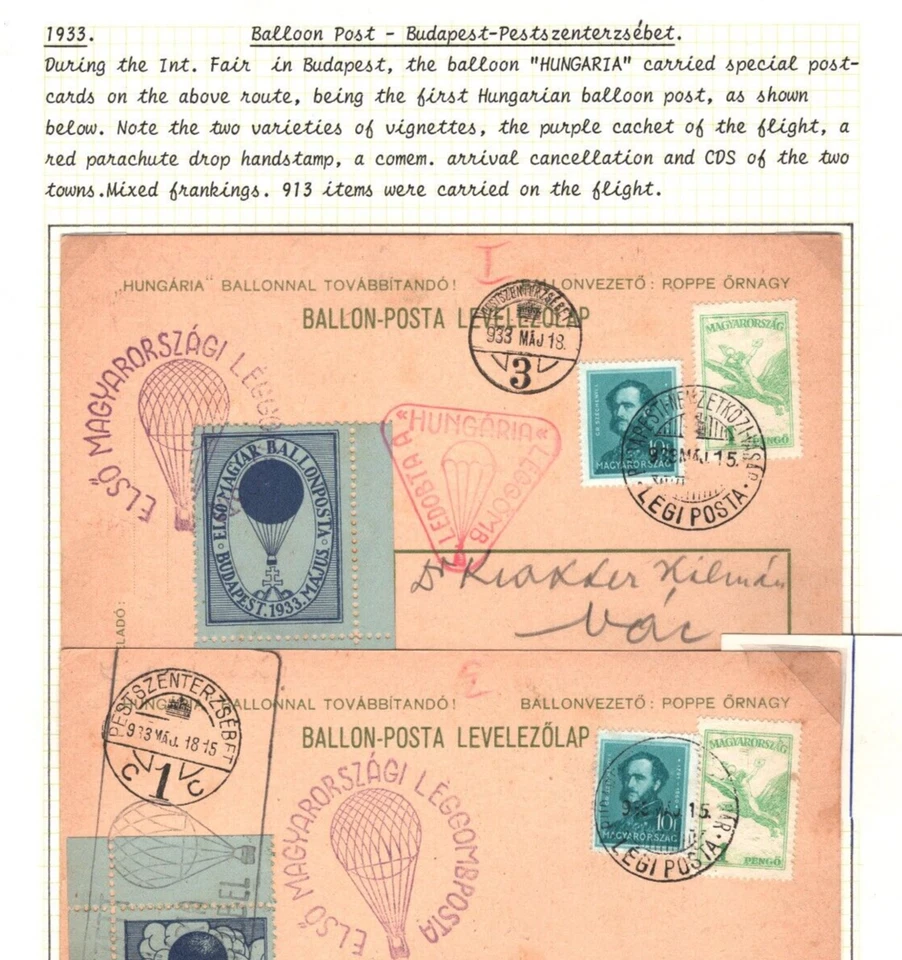 HUNGARY Air Mail *BALLOON POST* Cards{2} 1933 Vac DIFFERENT VIGNETTES MAL722 - Image 2 of 4