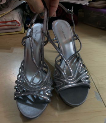Papell Studio Silver Rhinestone Embellished Strap High Heels, Size 9M EUC
