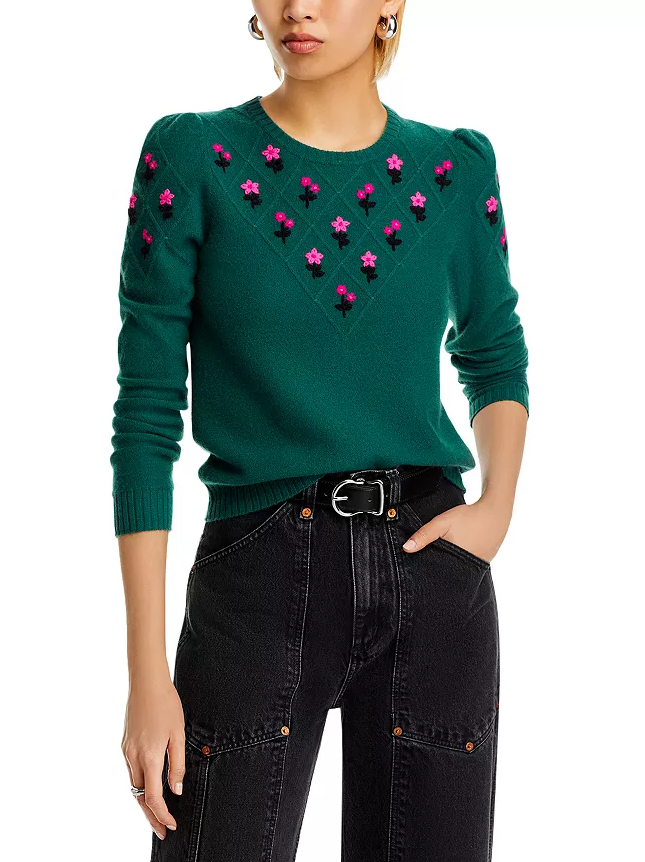 Aqua Designer 100% Cashmere Green Embroidered Crewneck Sweater -Small -msrp $198