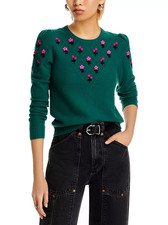 Aqua Designer 100 Cashmere Green Embroidered Crewneck Sweater -Small -msrp 198