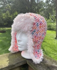 NEW Handmade Crochet Unique Whimsical Pink Trapper Style Hat