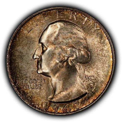 1947-S 25c Silver Washington Quarter - Speckled Rainbow Toning - BU - SKU-Z6456