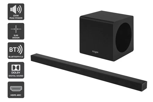 Kogan 2.1 Channel 225W Dolby Slim Soundbar with Wireless Subwoofer, Black,