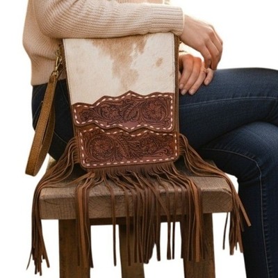 NWT American Bison Western Hair N Cowhide Leather Fringe Crossbody Bag Cowgirl