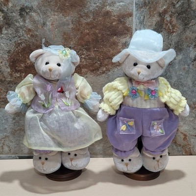 Pair Stuffed Teddy Bears Spring Themed Outfits