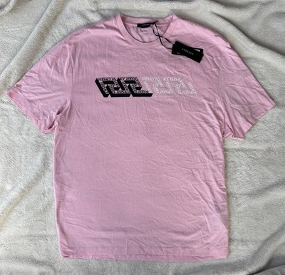 Versace Pink/Black/White Greca Logo Bar Tee Shirt - MSRP $625 - Authentic - New
