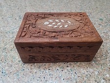 Vintage Hand Carved Wooden Trinket Box Brass Inlaid Floral Design India