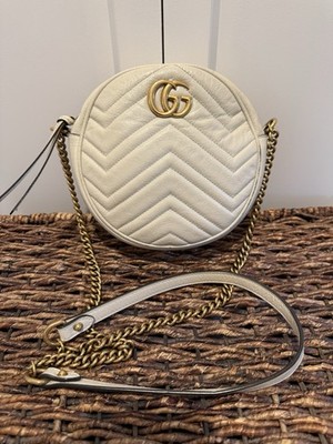 Auth Gucci GG Marmont Round White Gold Chain Shoulder Bag