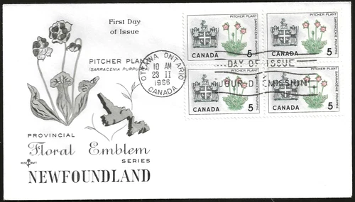 🍁Canada  #427 Block    "NEWFOUNDLAND"     Fine Used  1966  Rosecraft Cover