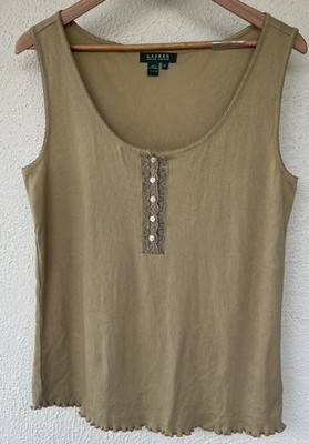 Lauren Ralph Lauren Ribbed Lace Trim Henley Tank Top Women s Size 2X Stretch