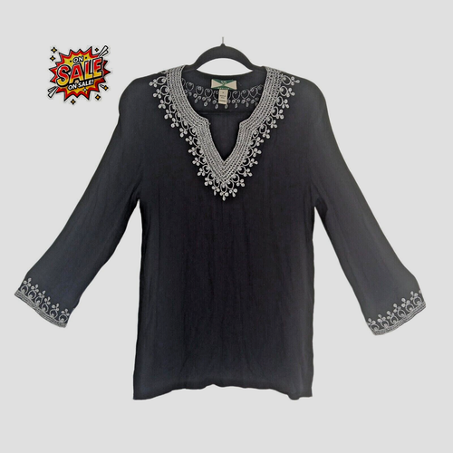525 America Women's Boho Tunic – Embroidered Black Top, Peasant Blouse M 🖤 - 第 1/11 張圖片