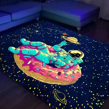 Astronaut Area Rug Black Light, Large UV Reactive Glow in the Dark Space Rug, No