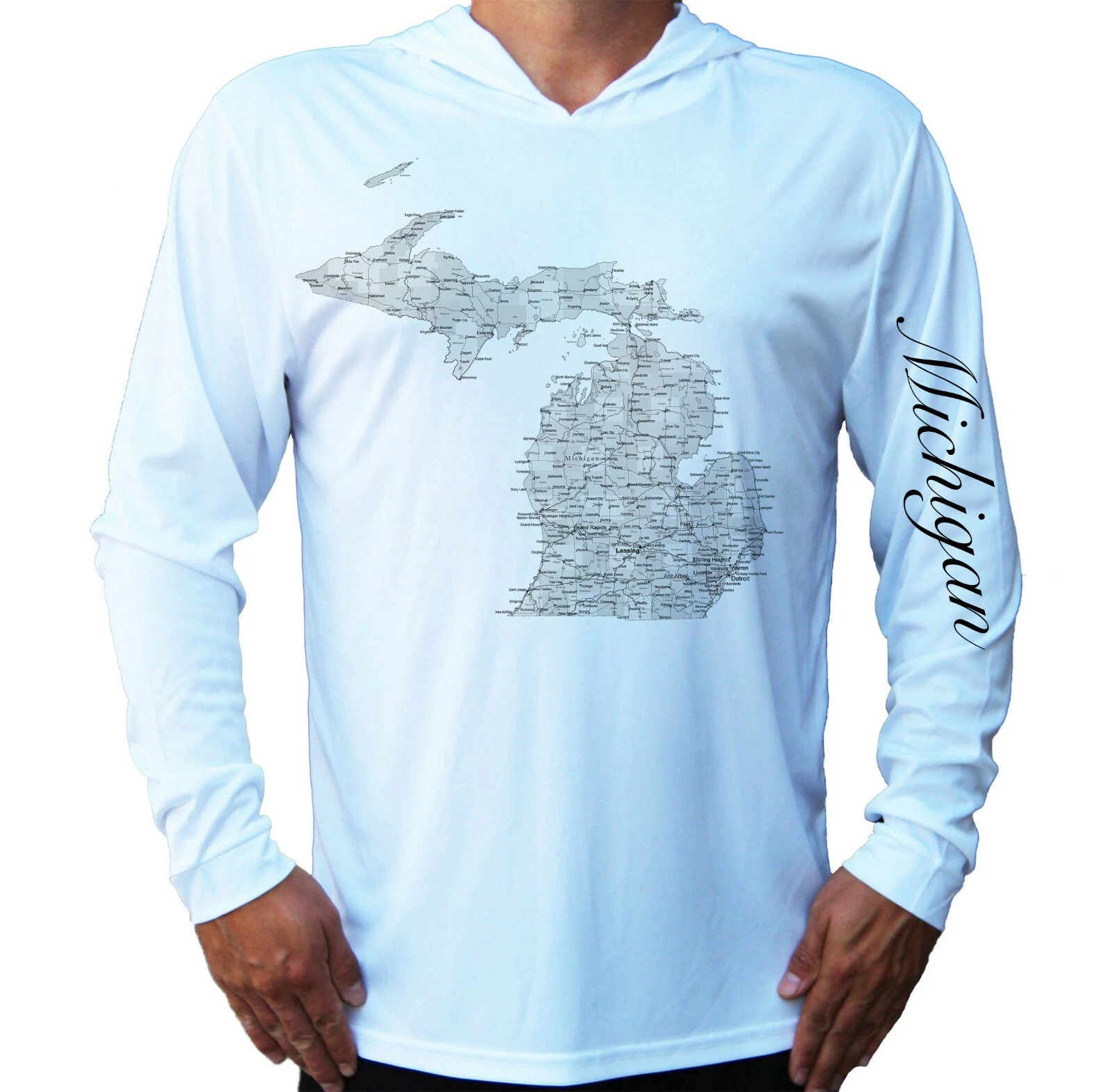 Michigan State Map Sun UV Protected UPF 50 Long Sleeve T-Shirt Hood Fishing Boat