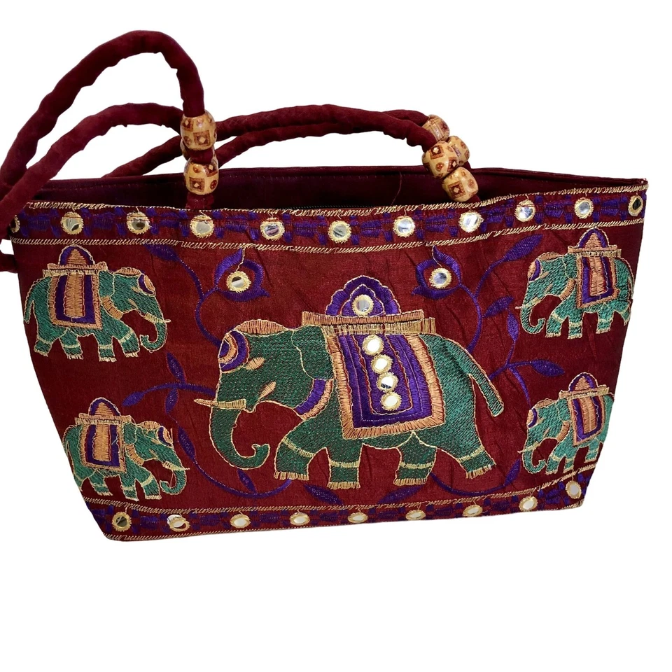 Bolso de Mano ELEFANTES de Seda Bordado Bohemio Años 80 RARO Festival Cartera Cartera Foto 3 de 4