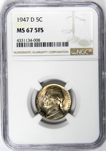 1947-D JEFFERSON NICKEL 5 FULL STEPS SUPER GEM NGC MS67 5FS!