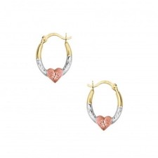 14K Solid Tri-color Gold 2mm Diamond Cut Oval Hoop Earrings with Heart