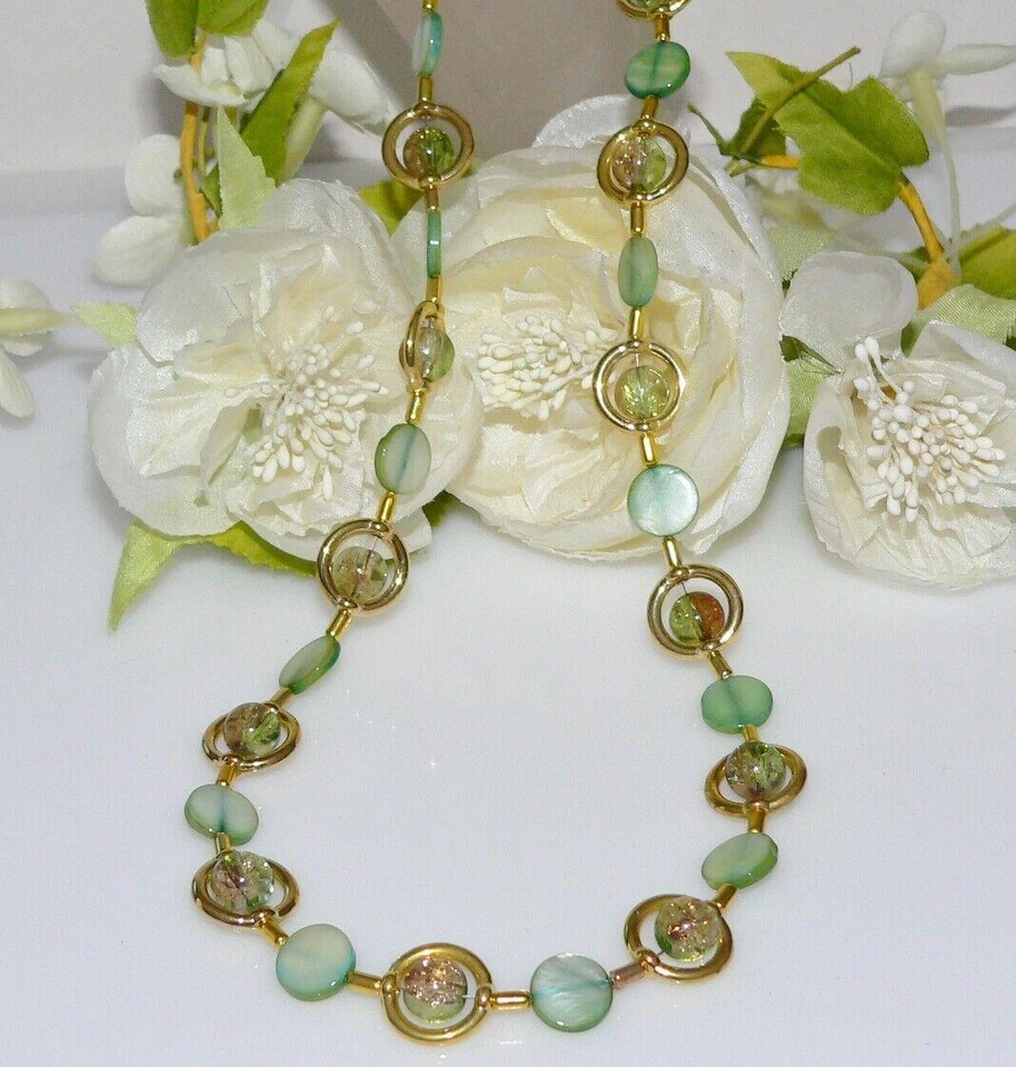 Schmuckset Kette Ohrring Perlmutt Muschel Glas Perle crash grün braun gold 297b - Bild 4 von 4