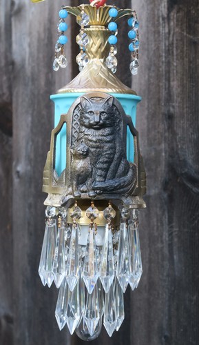Schwarze Katze Deckenlampe Kronleuchter Messing Tole Glas Türkis Perlen Kristall Deko - Bild 8 von 12