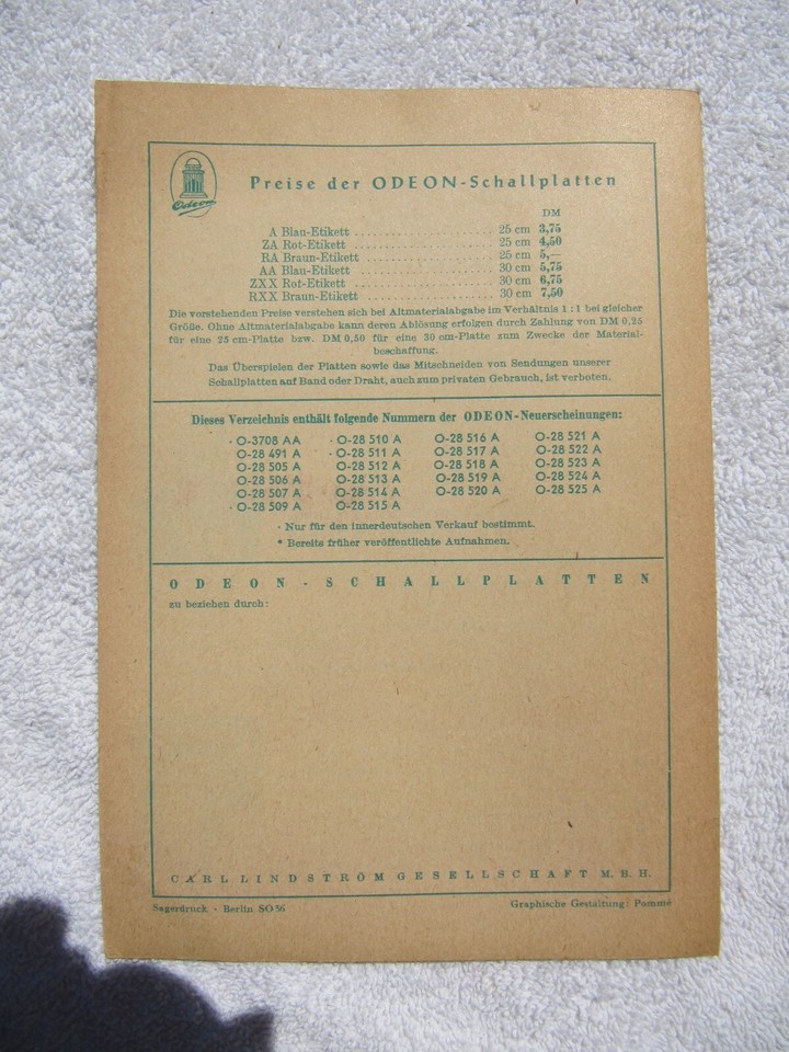 March 1950 German ODEON Neuerscheinungen Supplement Dobschinski Record