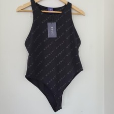 MONAT NWT XL Black w/Gray Logo High Neck Body Suit 2 Snap Nylon Spandex Stretch