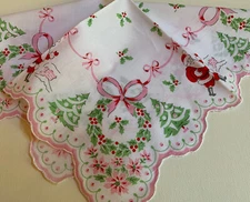 Darling New CHRISTMAS LuRay Handkerchief Hankie! Santas & Trees ~ Scalloped Hem!