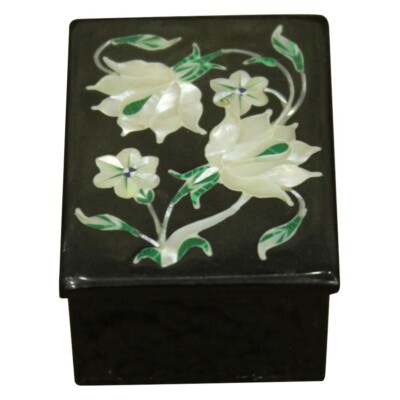 Black Marble Inlay Jewelry Box Semi Precious Stone Handmade Inlay work