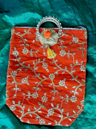 Indian style party wear clutch bag orange with gold embroidery