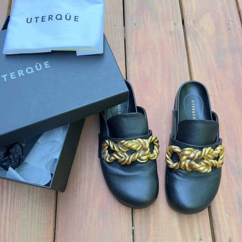 Mule Leather Black Flat Shoes Size 